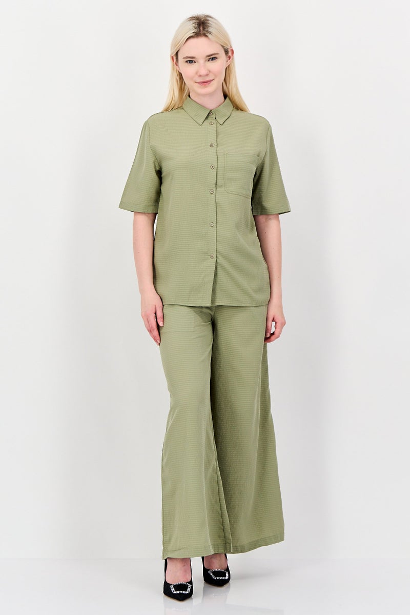 ANNE KLEIN Women 2 Pieces Pointed Collar Short Sleeve Textured Shirt And Palazzo Pants Set, Green - Image 1